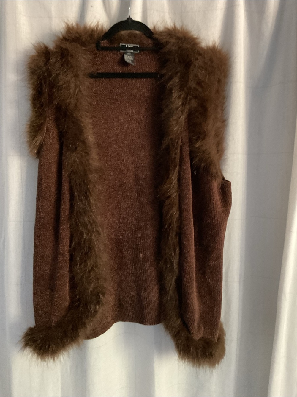 Lisa International Brown Faux-Fur Trim Open Front Sweater Vest